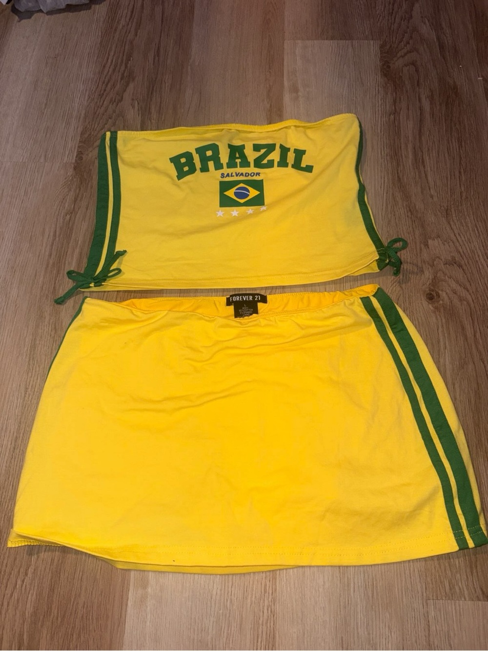 Forever 21 Yellow Two-Piece Brazil Strapless Top and Mini Skirt Set